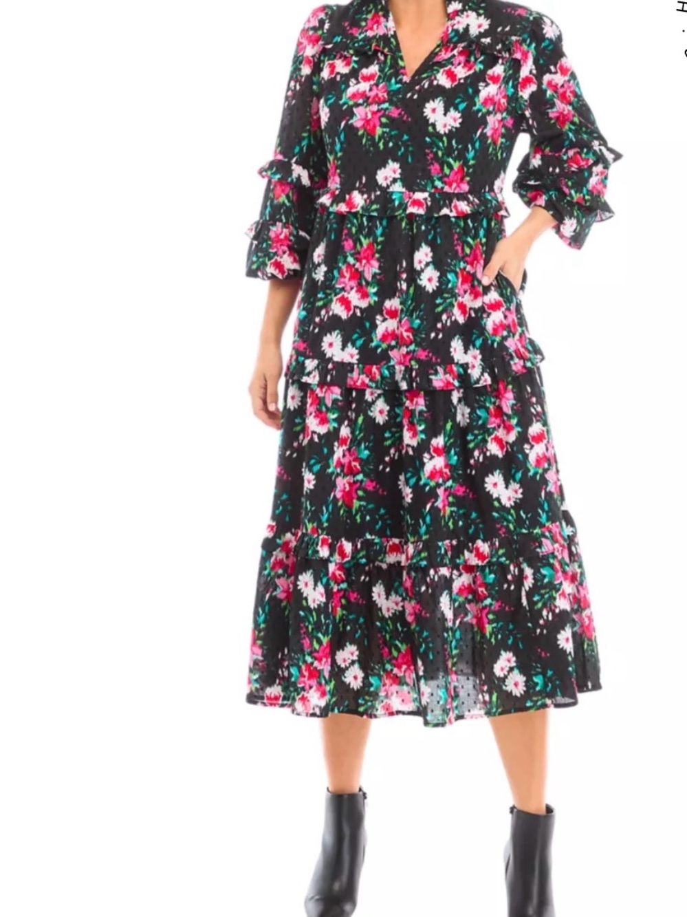 crown & ivy Black Floral Midi Dress with Ruffles and Pink & White Blooms Size M